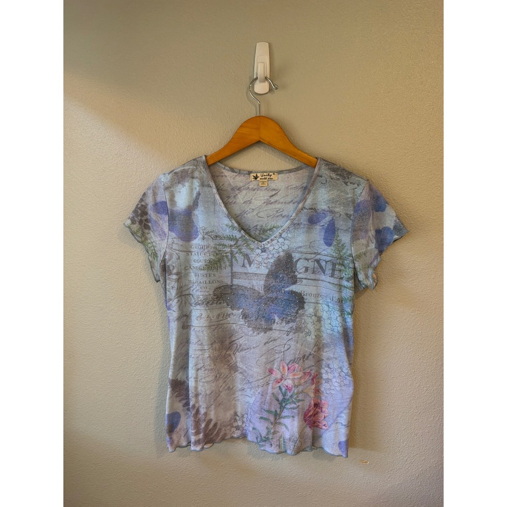Unity World Wear Graphic T-Shirt Womens XL Blue Butterfly Rhinestone V-Neck Tee